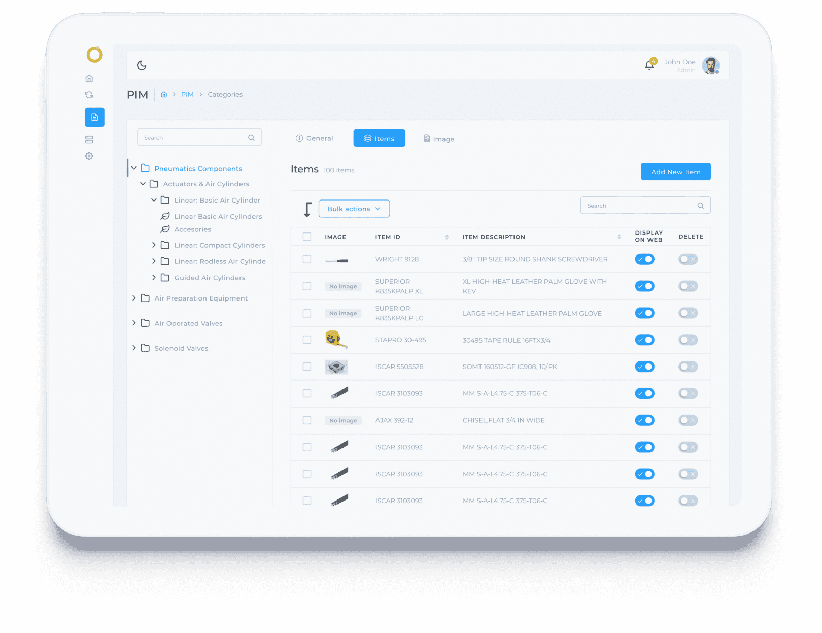 Product Information Management system showing item catalog and categories